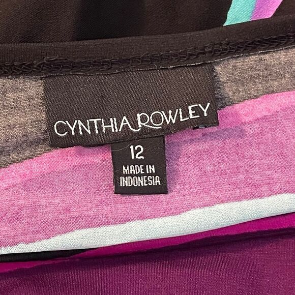 Cynthia Rowley Black Purple Turquoise One Shoulder Handkerchief Dress, size 12 - Picture 6 of 7